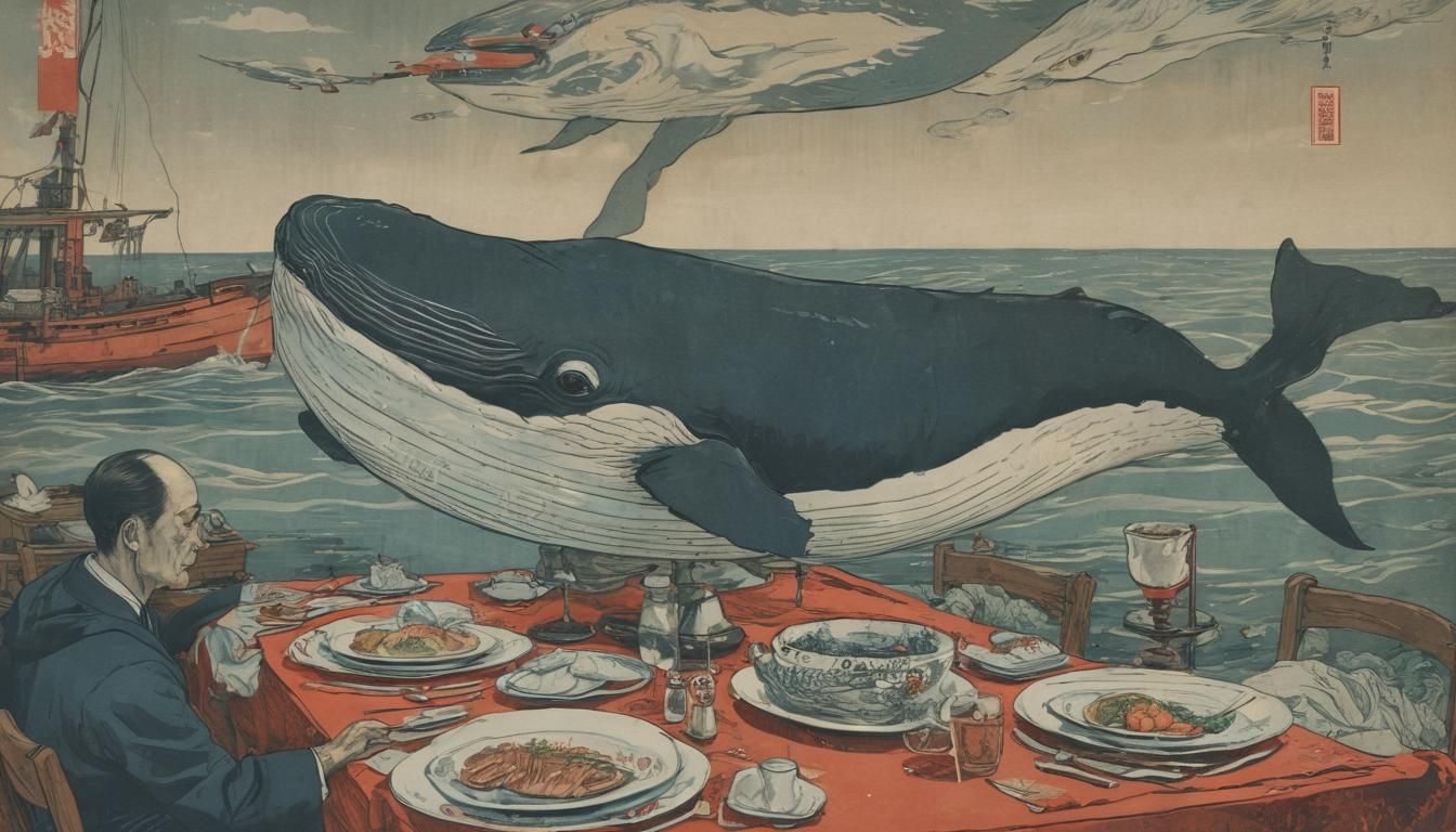 Whale's Underwater Feast: A Vintage Japanese Cartoon