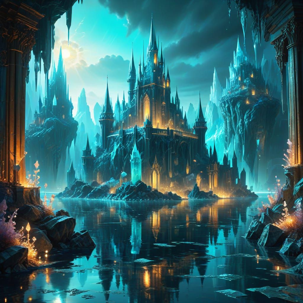 Crystal Castle and City in Vibrant Oil Painting