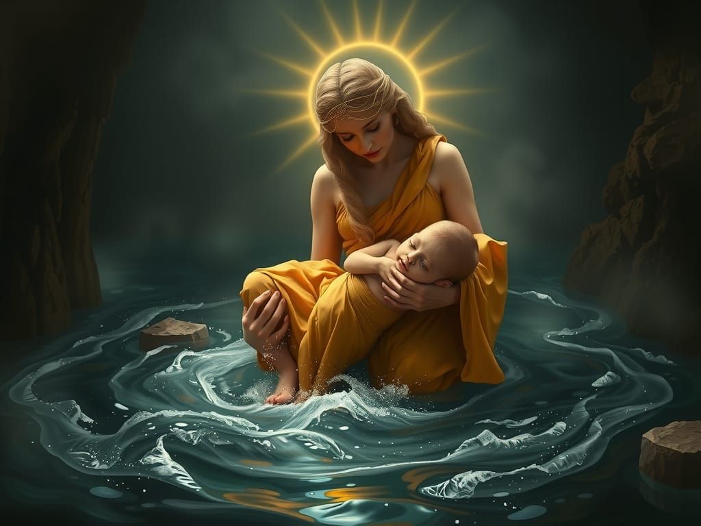 Goddess Thetis Dips Baby Achilles into the River Styx in a C...