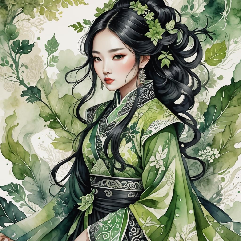 Watercolor Portrait of Chinese Girl in Traditional Dress