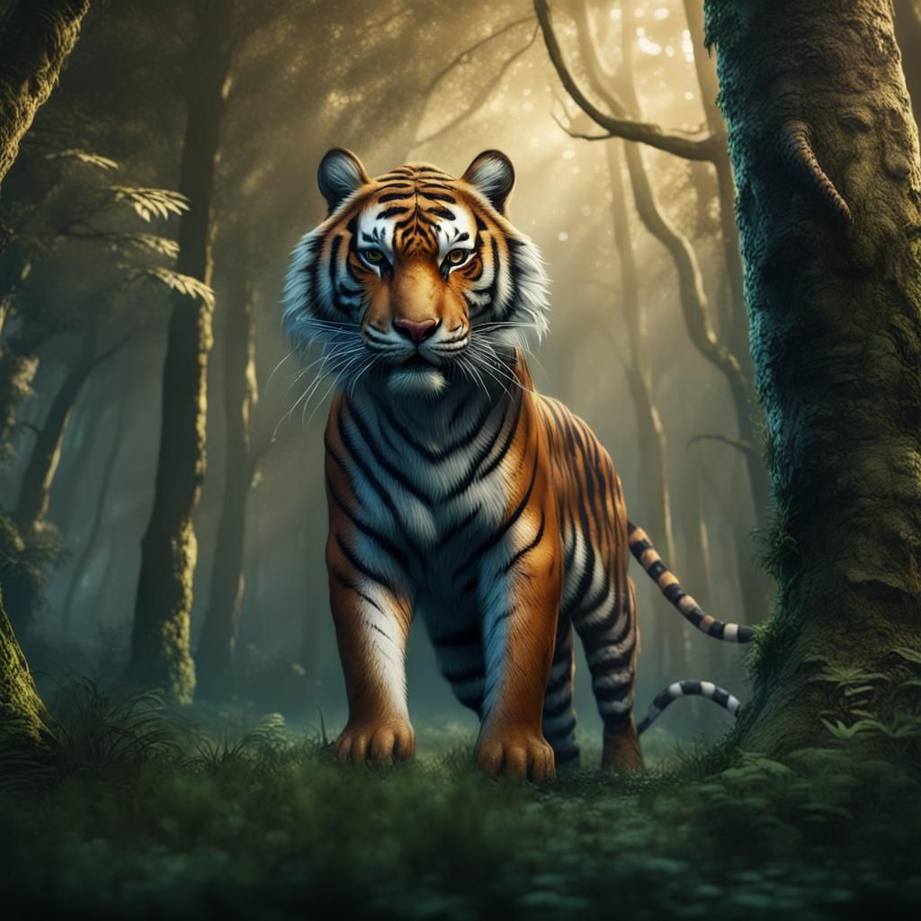 Tiger in Realistic Forest: Detailed Matte Painting