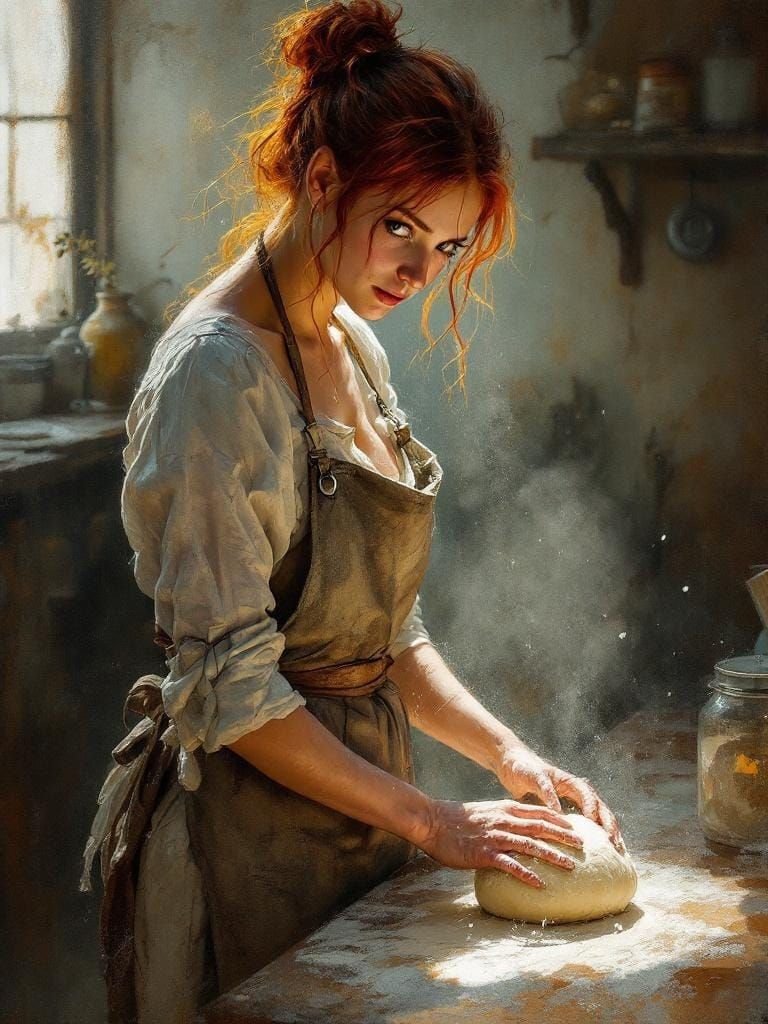 Redhead Baker Kneading Dough with Film Noir Lighting