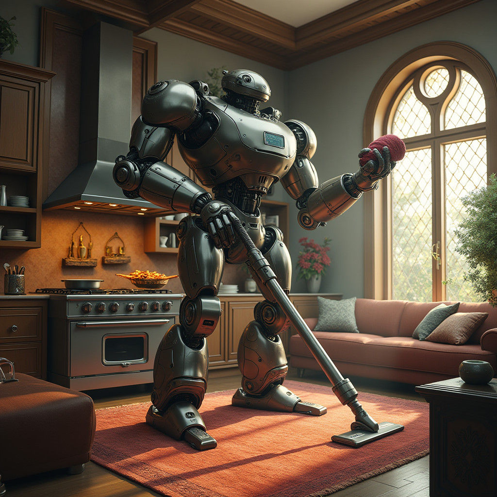 Robot Butler in Lavish Living Room, Digital Concept Art