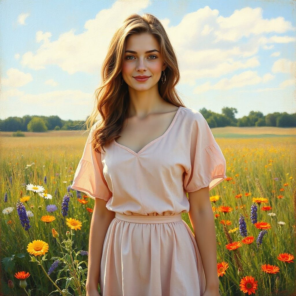 Smiling Russian Woman in Wildflower Field, Oil Painting