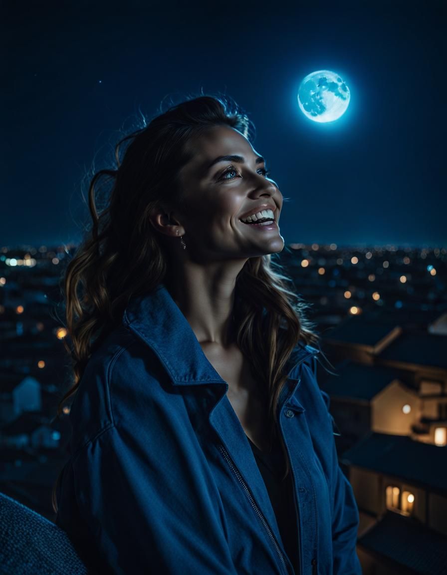 Moonlit Portrait of Smiling Woman in Cityscape