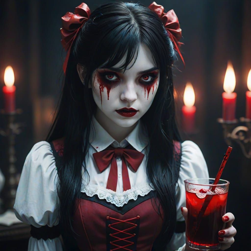 Gothic Lolita Vampire in Crimson Cheerleader Uniform