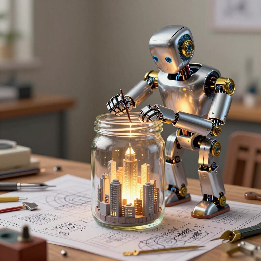 Robot Builds Glowing City in Jar as Storybook Art
