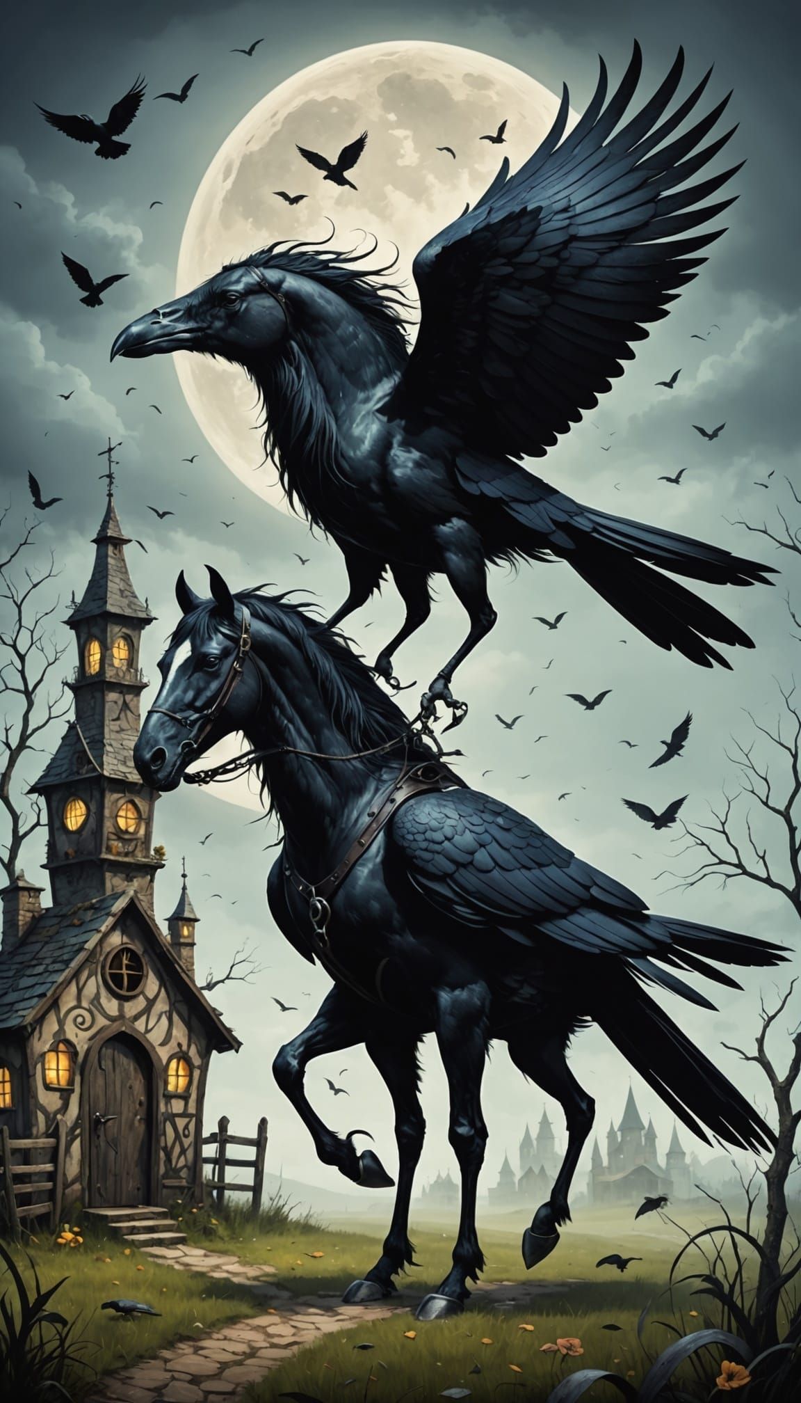Whimsical Tim Burton-Style Crow Horse Hybrid in a Fantastica...