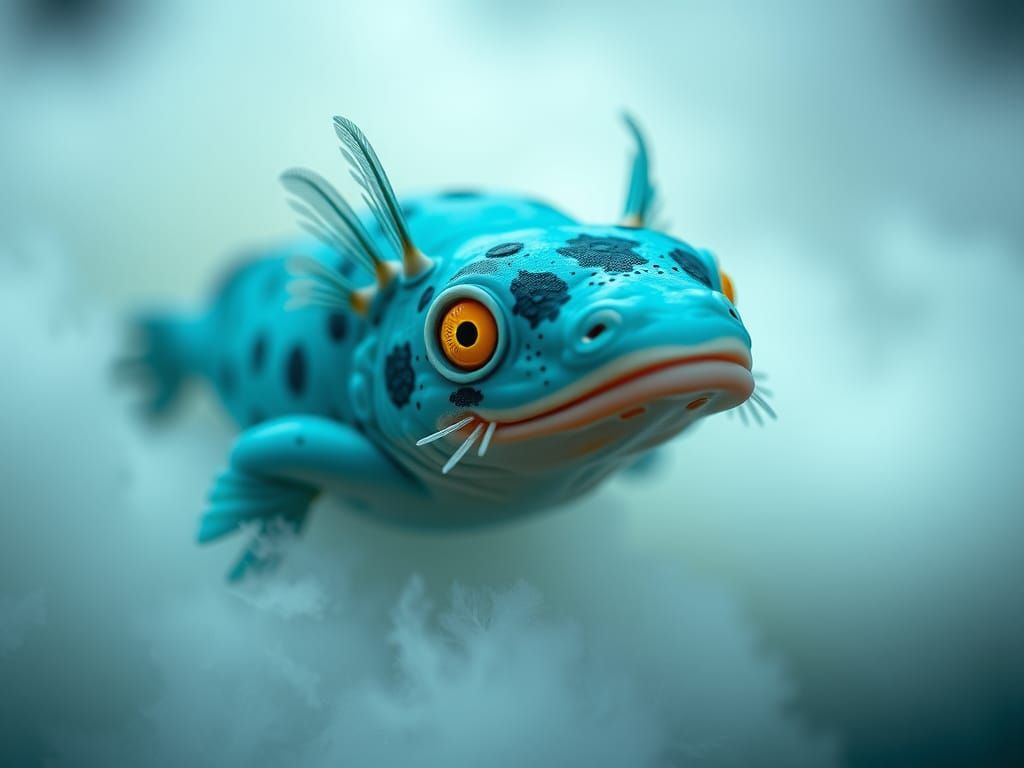Turquoise Axolotl in Misty Forest Landscape