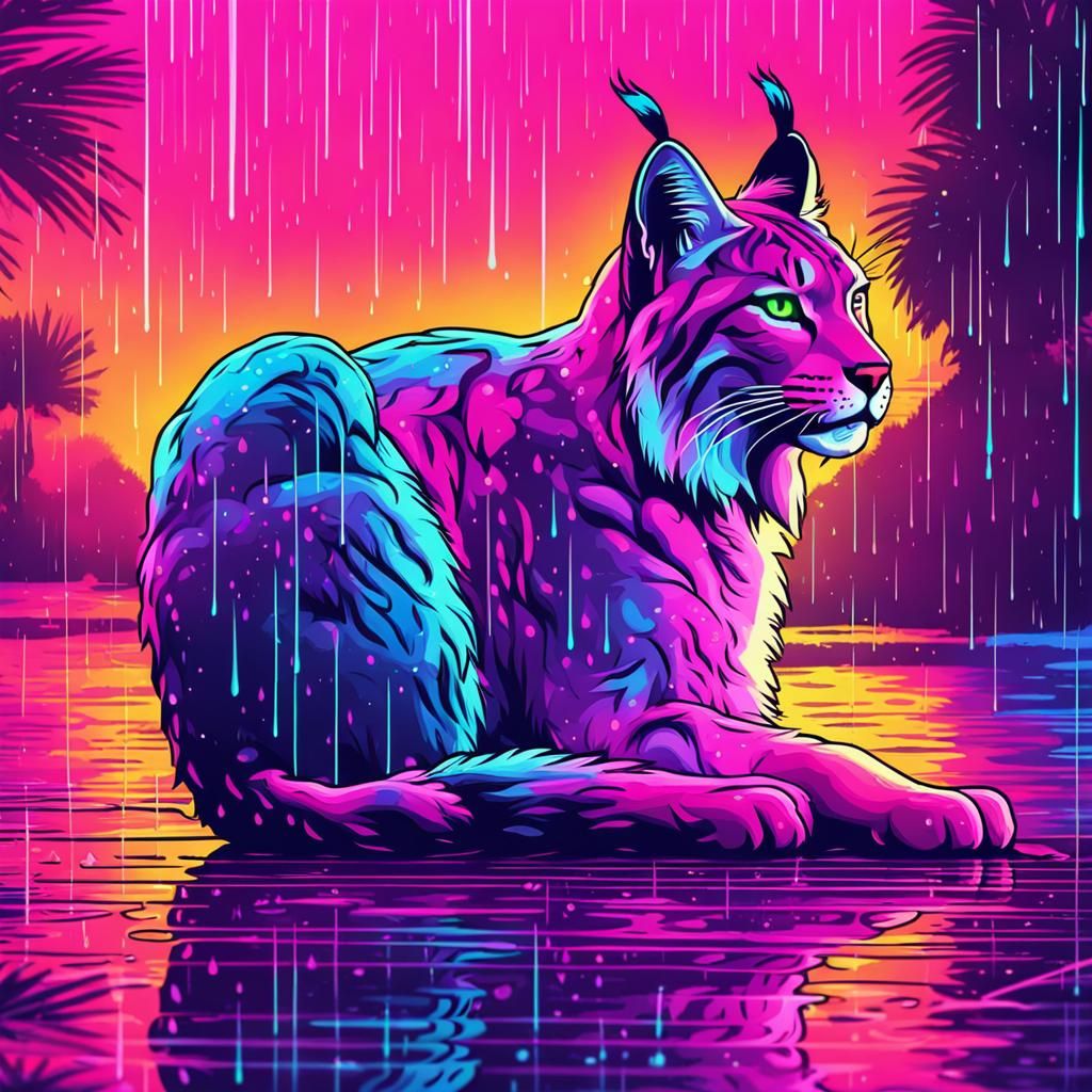 Lynx in the Rain: Synthwave Neon Retro