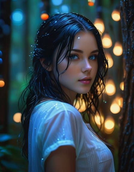 Beautiful Girl in Magical Forest with Colorful Lights