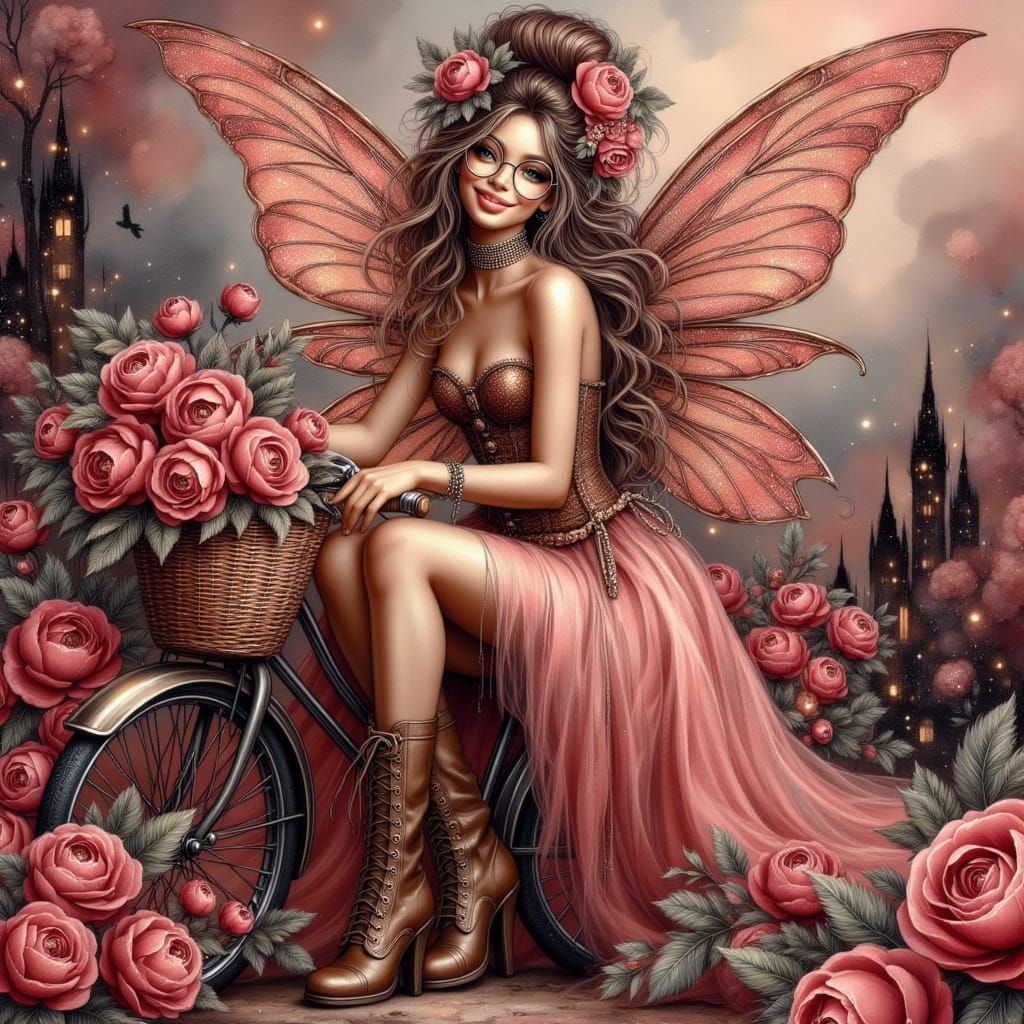 Glamorous Glitter Fairy Rides Bicycle in Vibrant Red Hues