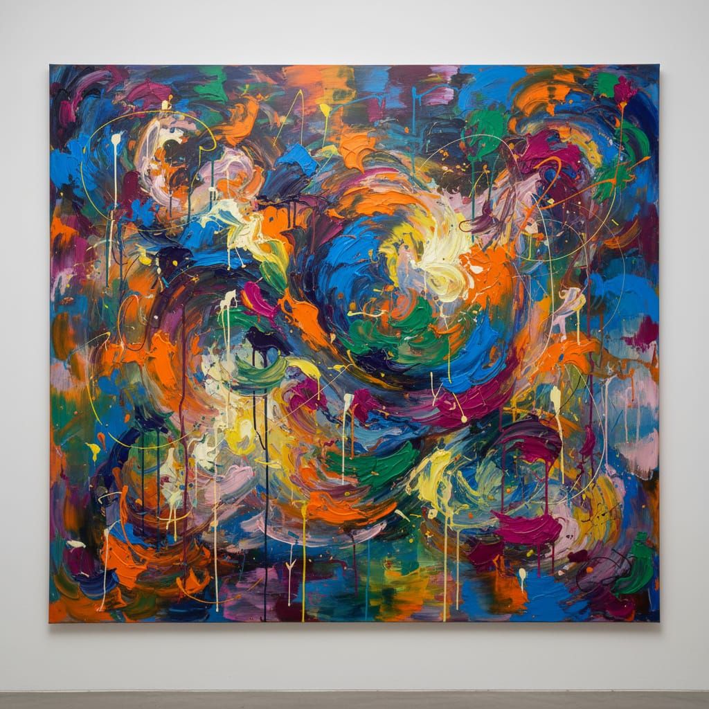 Vibrant Abstract Composition with Swirling Shapes and Colors