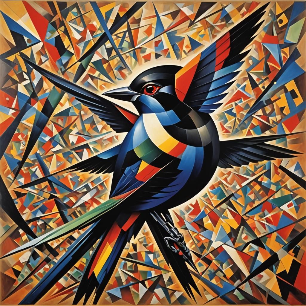 Abstract Cubist Bird in Black and Rainbow
