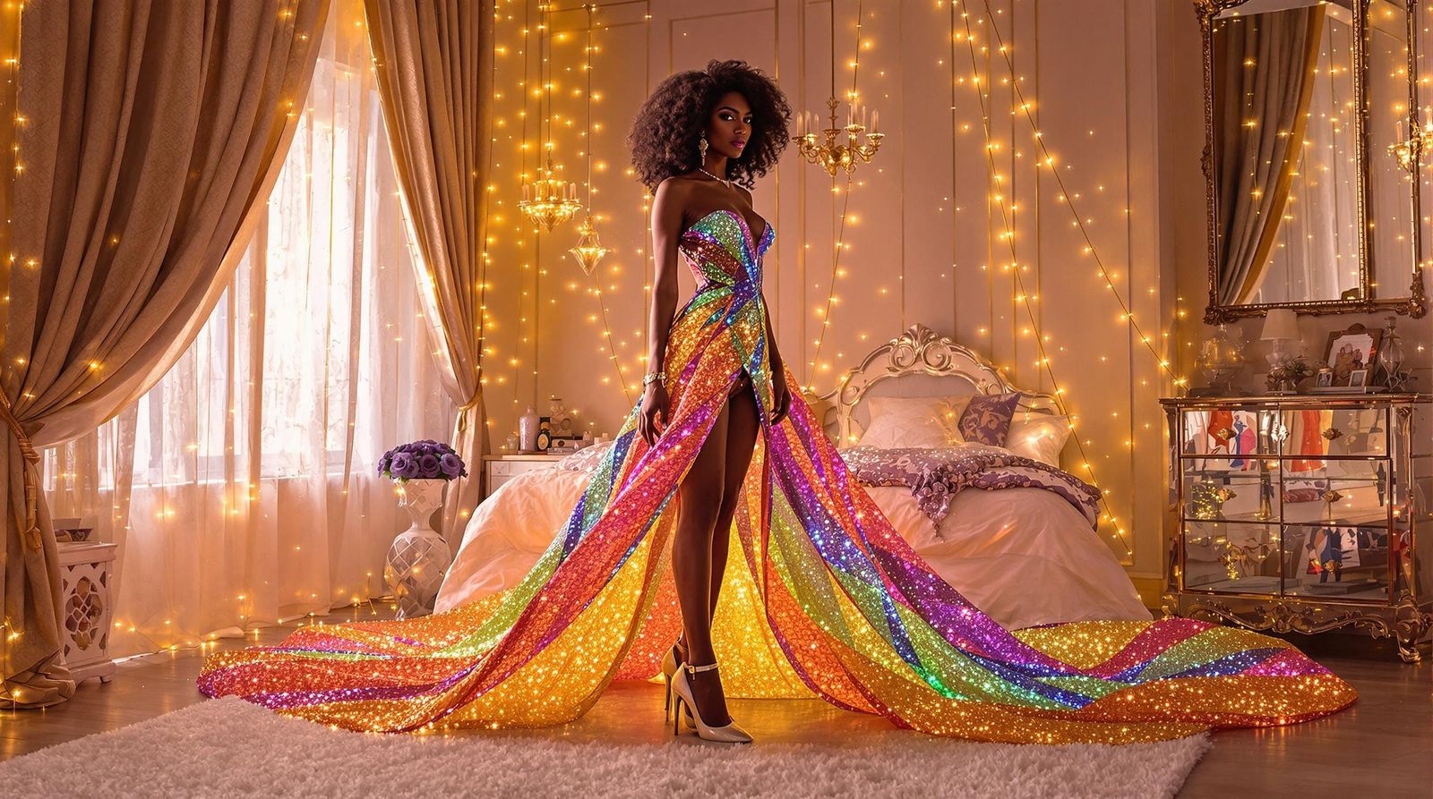 Digital Haute Couture Goddess in Neon Velvet Gown