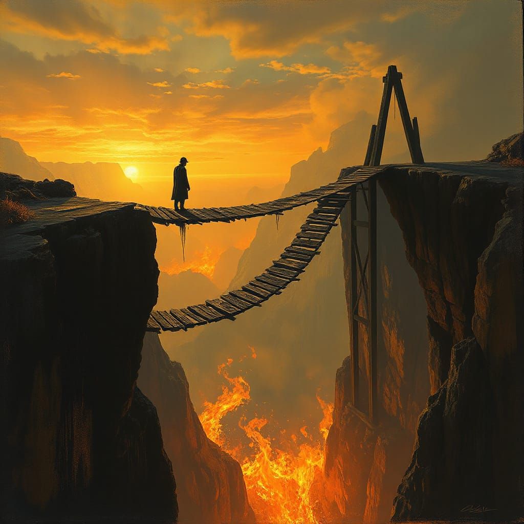 Surrealist Figure Stands on Burning Bridge in Haunting Lands...
