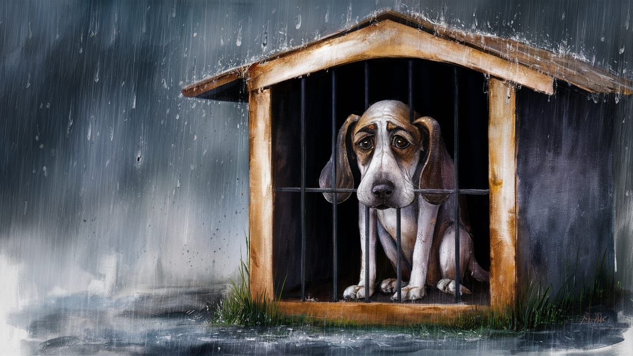 Melancholic Dog in Kennel as Alcohol Ink Painting
