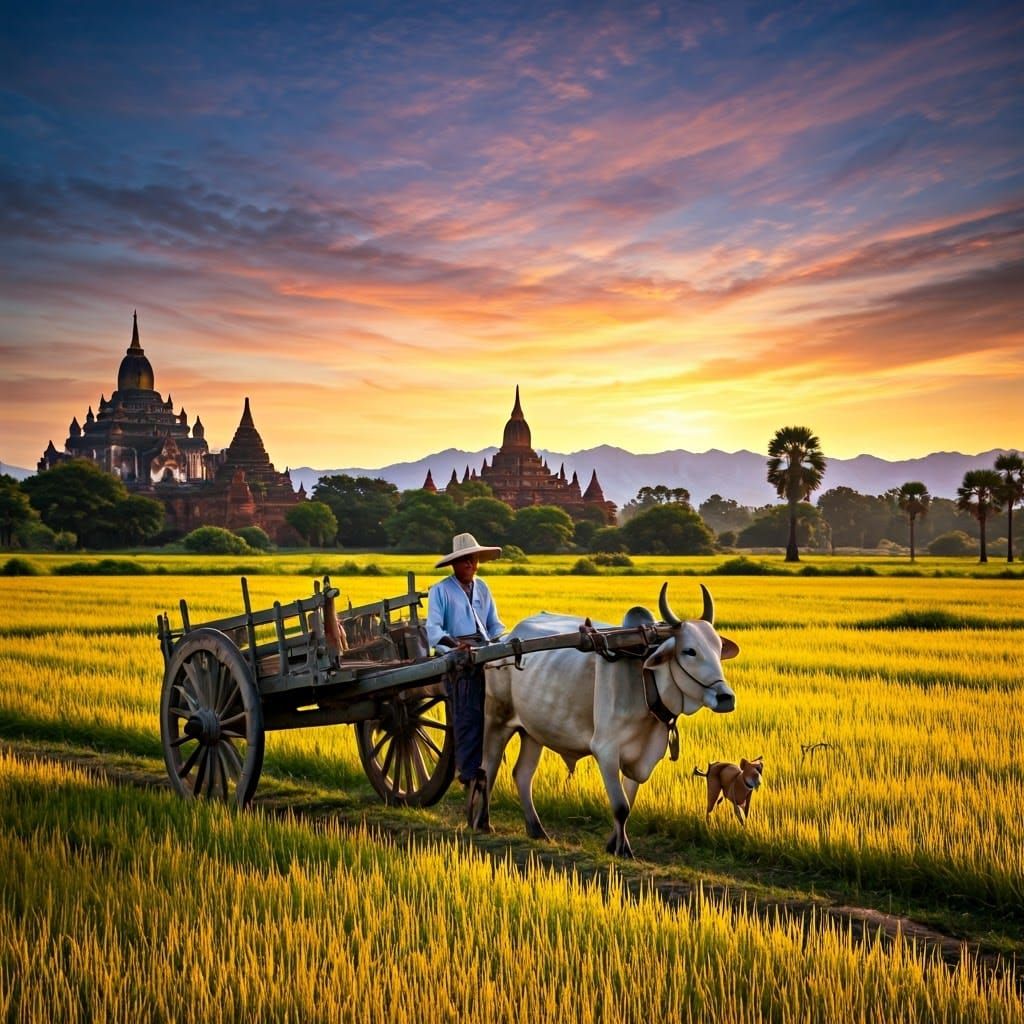 Golden Paddy Field at Dusk: Burmese Rural Life