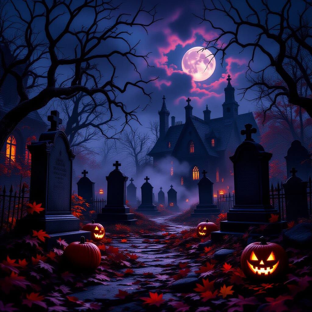 Halloween Night Gothic Scene with Autumn Atmosphere