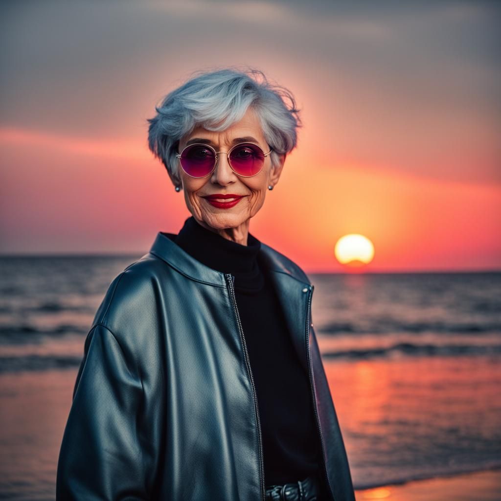 Elegant Woman Posing at Sunset in Synthwave Style