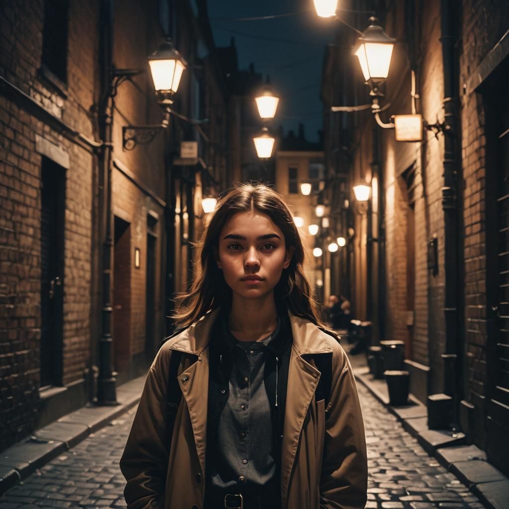 A Moody Teenage Girl in a Dark Alley, Cinematic Lighting