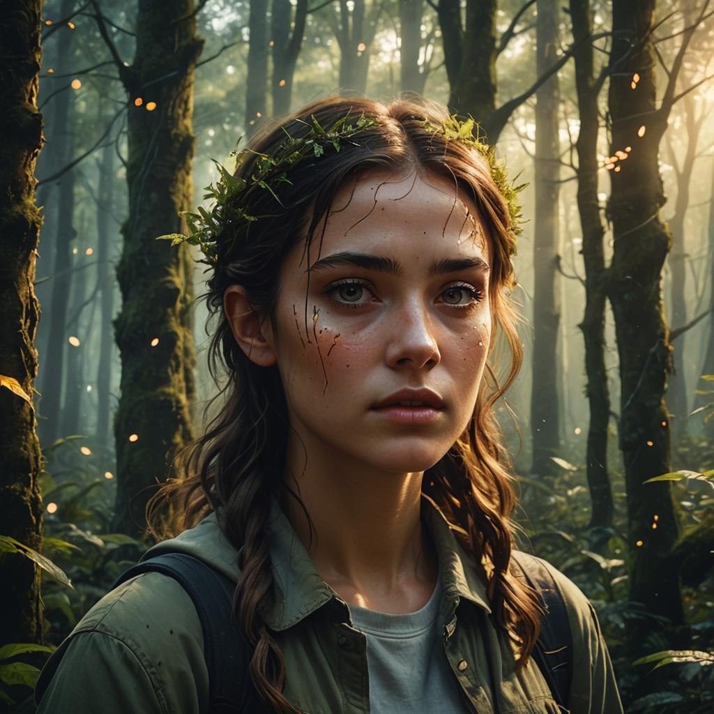 Mysterious Teenage Girl in a Golden Hour Forest