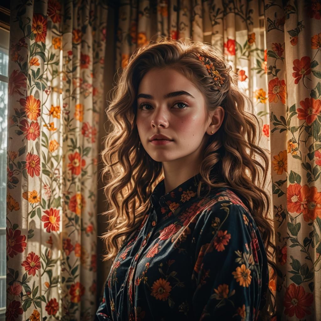 Hyper-realistic Portrait of Teenage Girl with Flower Curtain...