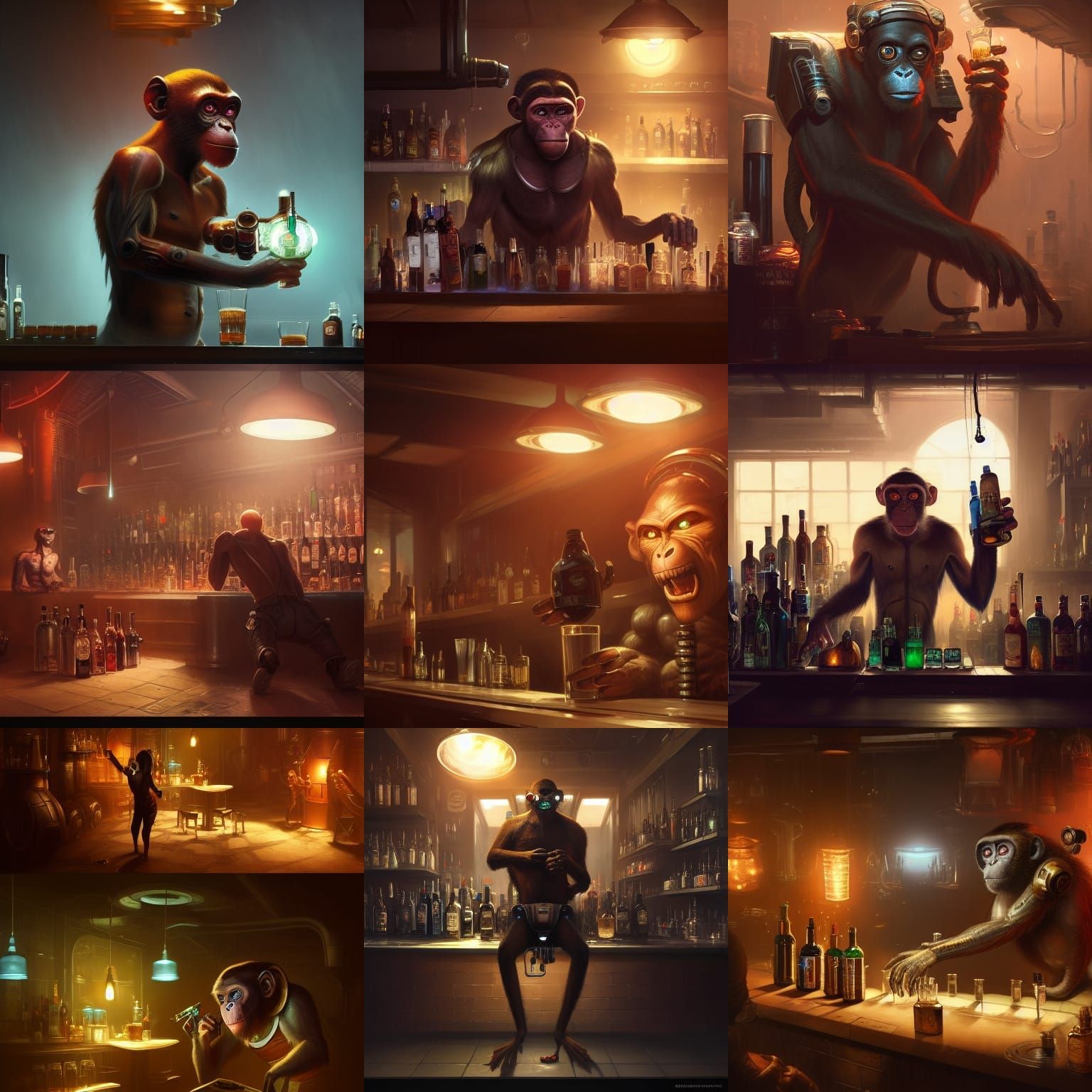 Cyborg Monkey Bartender in Dark Fantasy Style