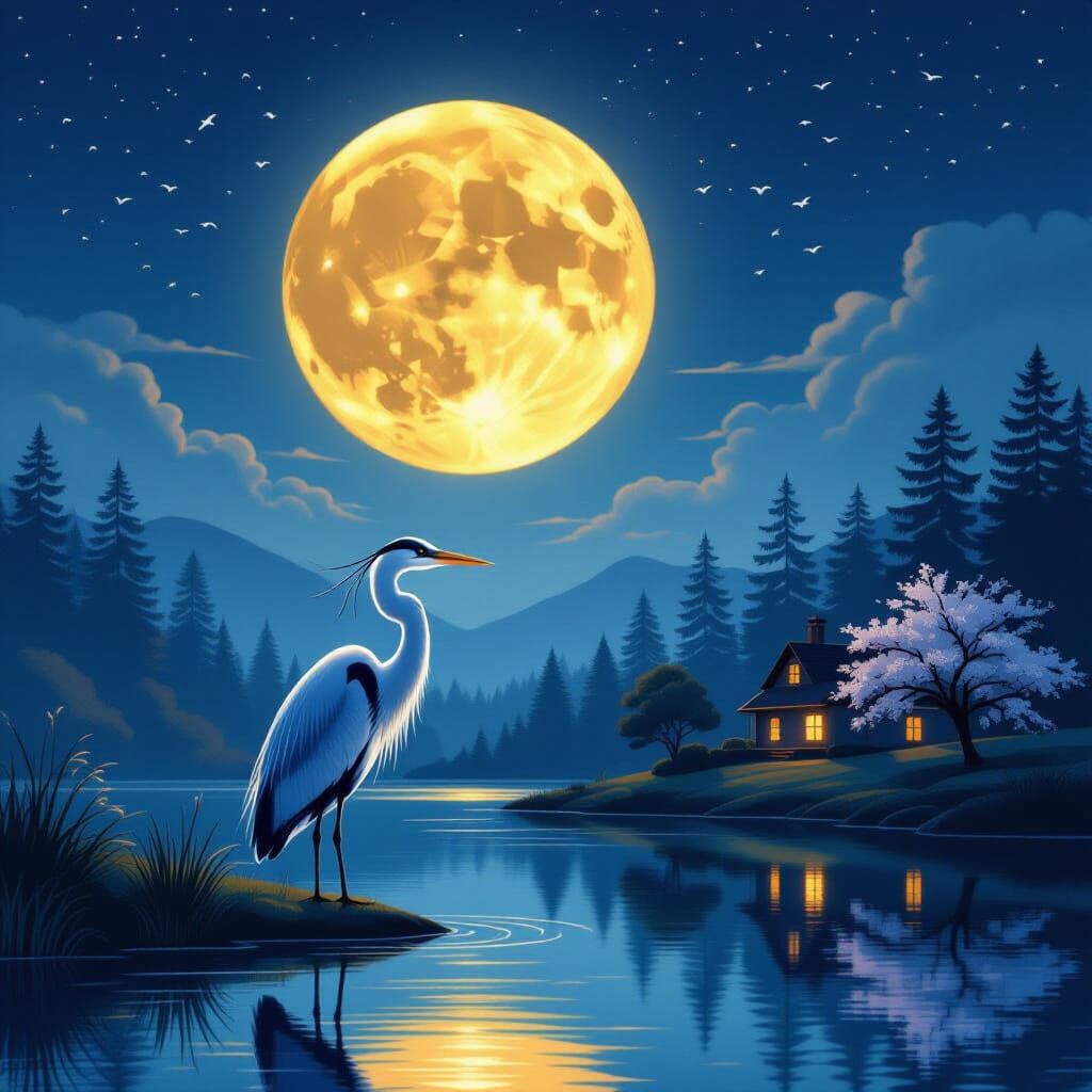 Heron by Moonlit Lake with Golden Light