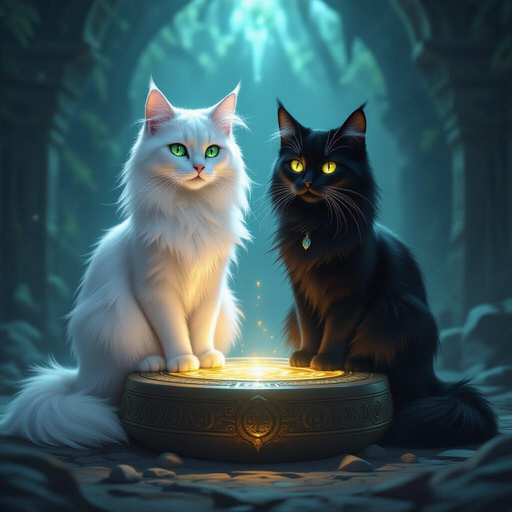 White and Black Cats on Glowing Alien Artifact