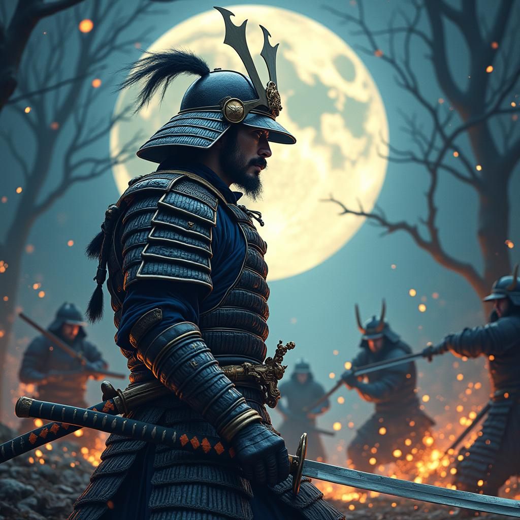 Samurai Warrior in Moonlight Forest Battle