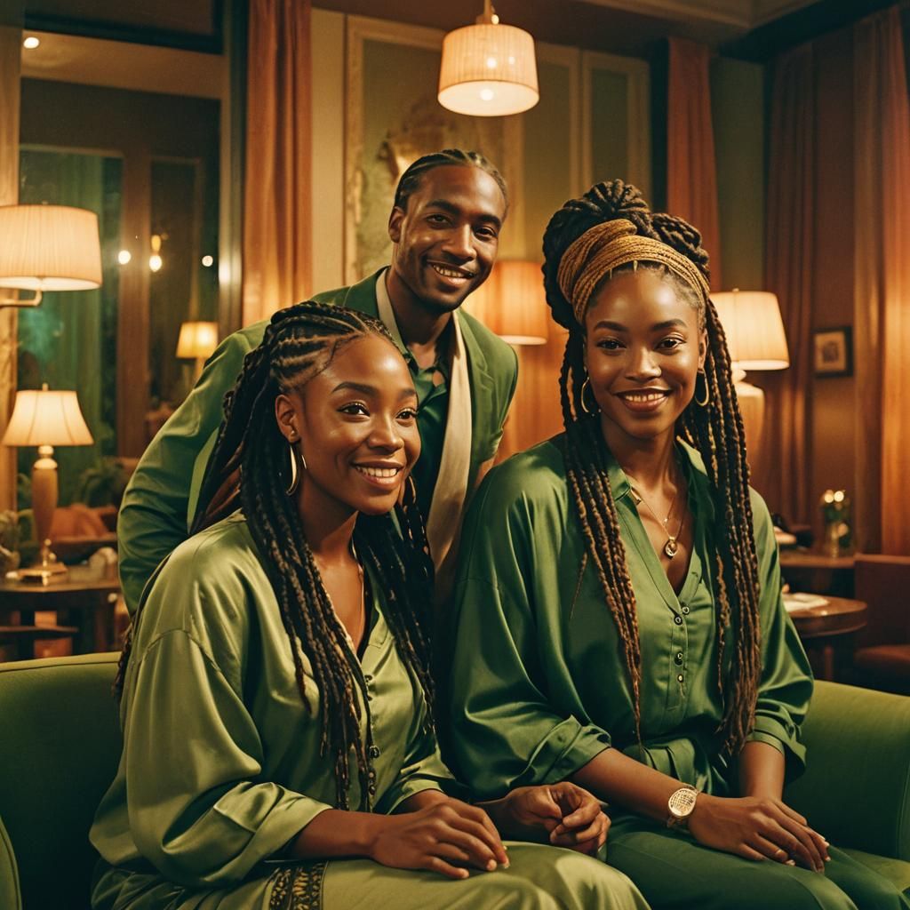 Smiling Couple in Elegant Lounge: Cinematic Film Still