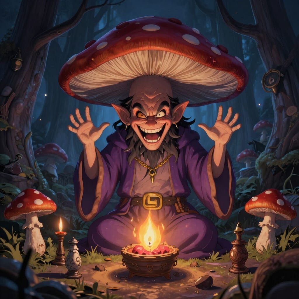 Mushroom Wizard with Human Face Casting Dark Magic