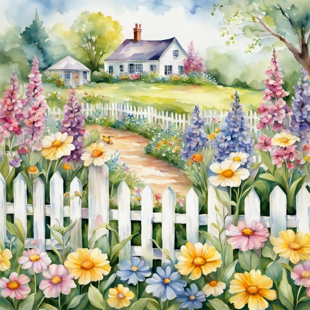 Country cottage white picket fencing, beautiful spring flowe...