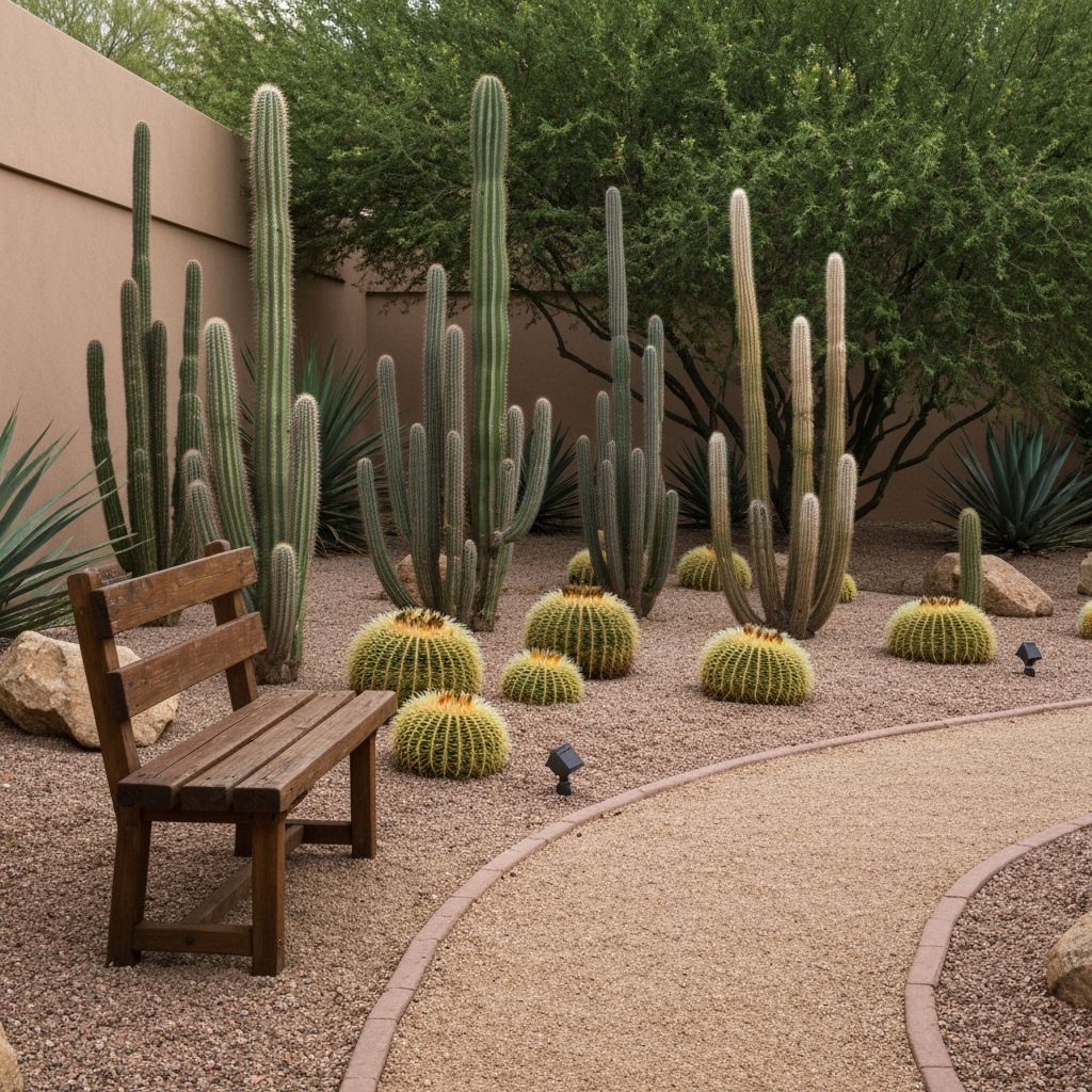 Serene Cactus Garden with Red Cliffs, Digital Art