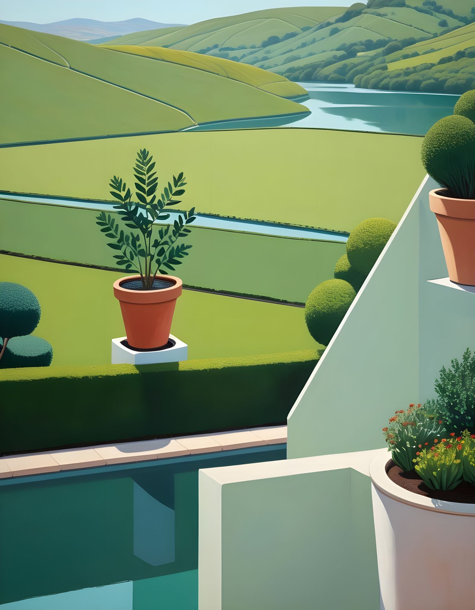 Minimalist Lake View Painting in David Hockney Style