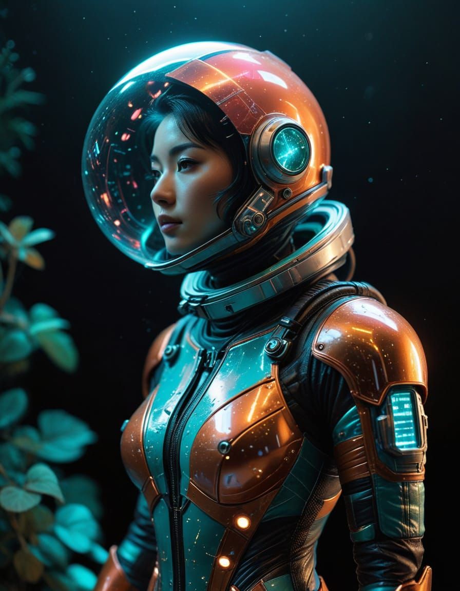 Retro-Futuristic Astronaut Woman in Rose-Orange Suit
