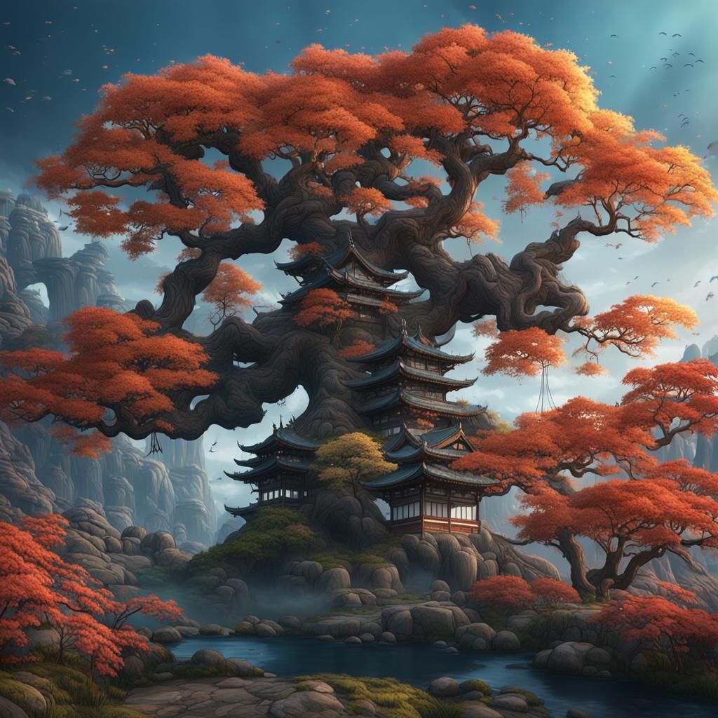 Fantastical Japanese Tree in Detailed Matte Painting