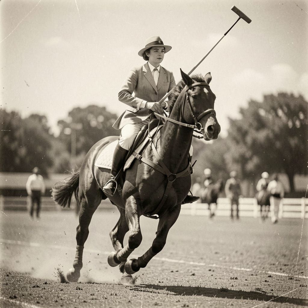 1940s Lady Plays Polo in Vintage Black and White Photo