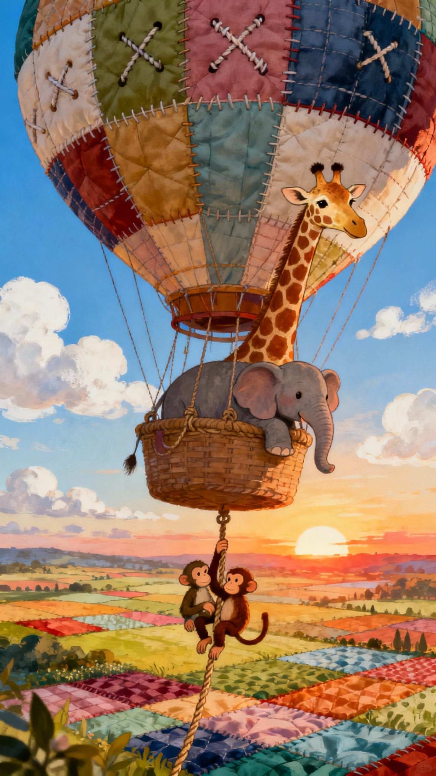 Patchwork Quilt Hot Air Balloon With Animals Over Farmland