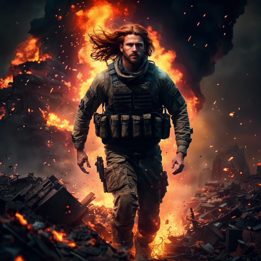Auburn Haired Soldier Runs Through Burning Debris