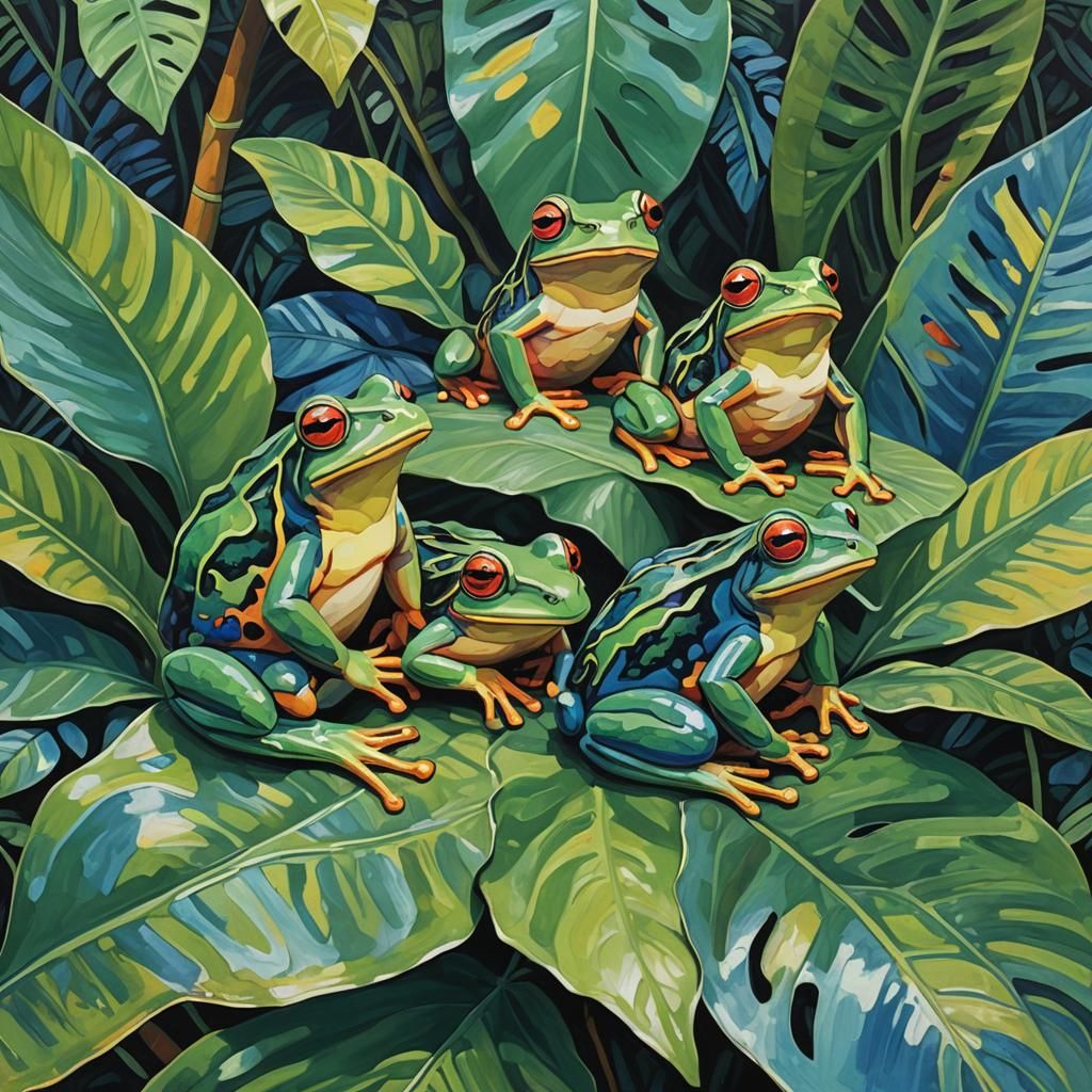 Vibrant Frogs in Rainforest: Gouache Macro Photography