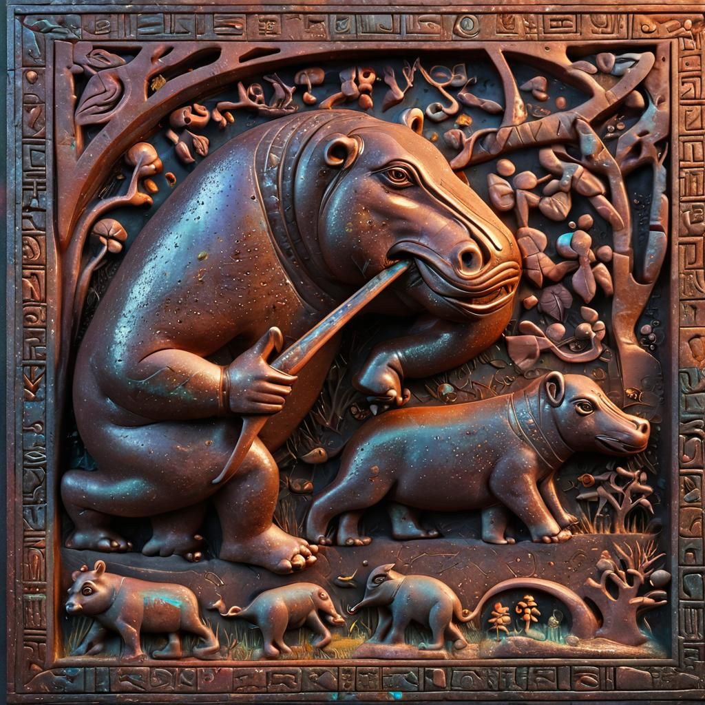 Fire Opal Relief Sculpture of Apemen Hunting