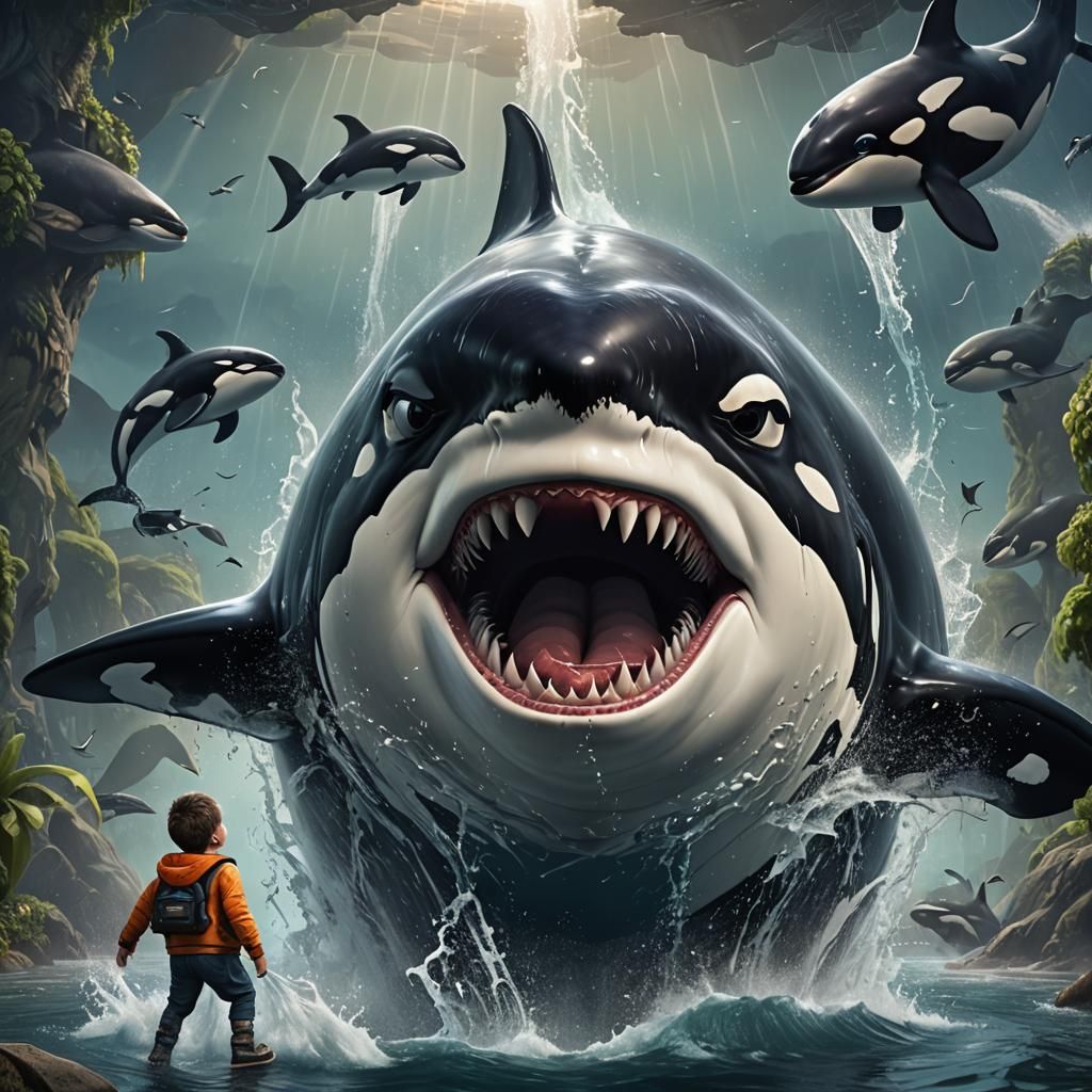 Whimsical Scene: Boy, Whale, and Deep Color Fantasy