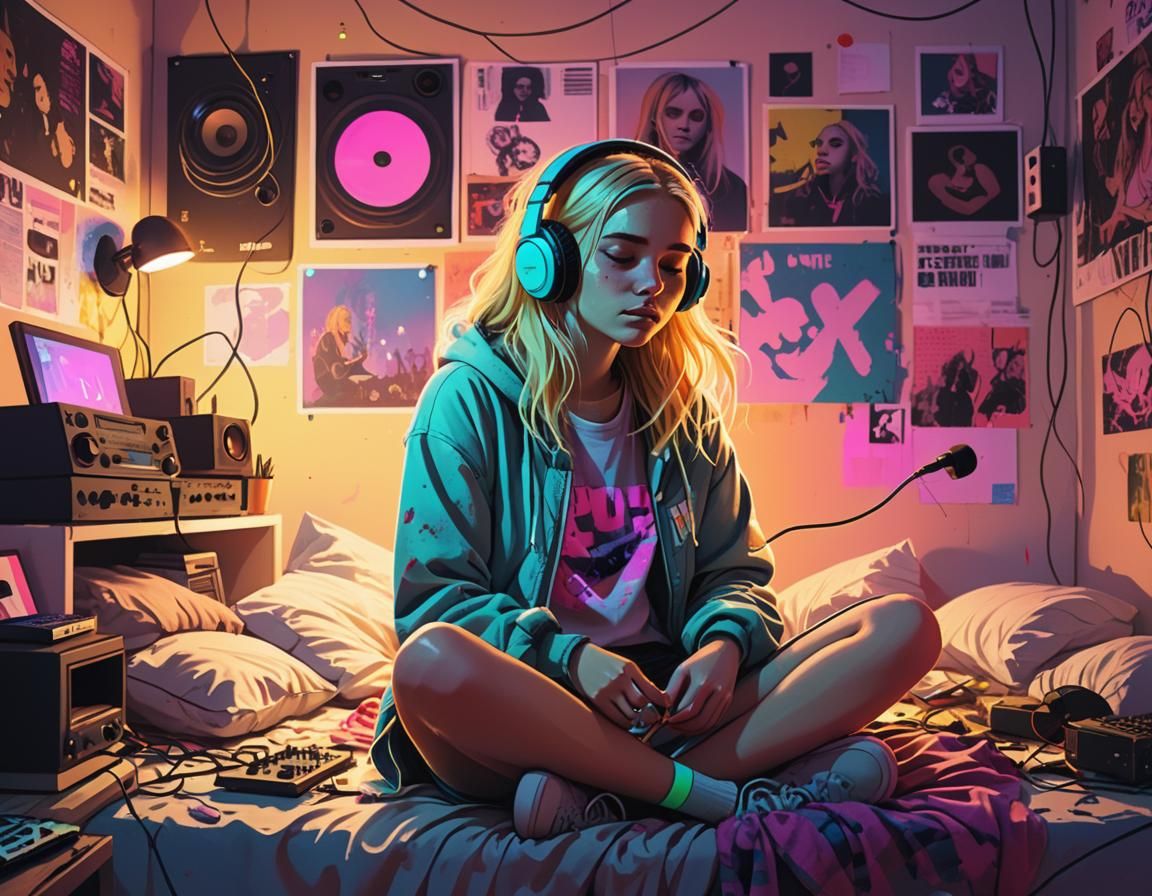 Teenage Girl Listening to Music in Grunge Aesthetic