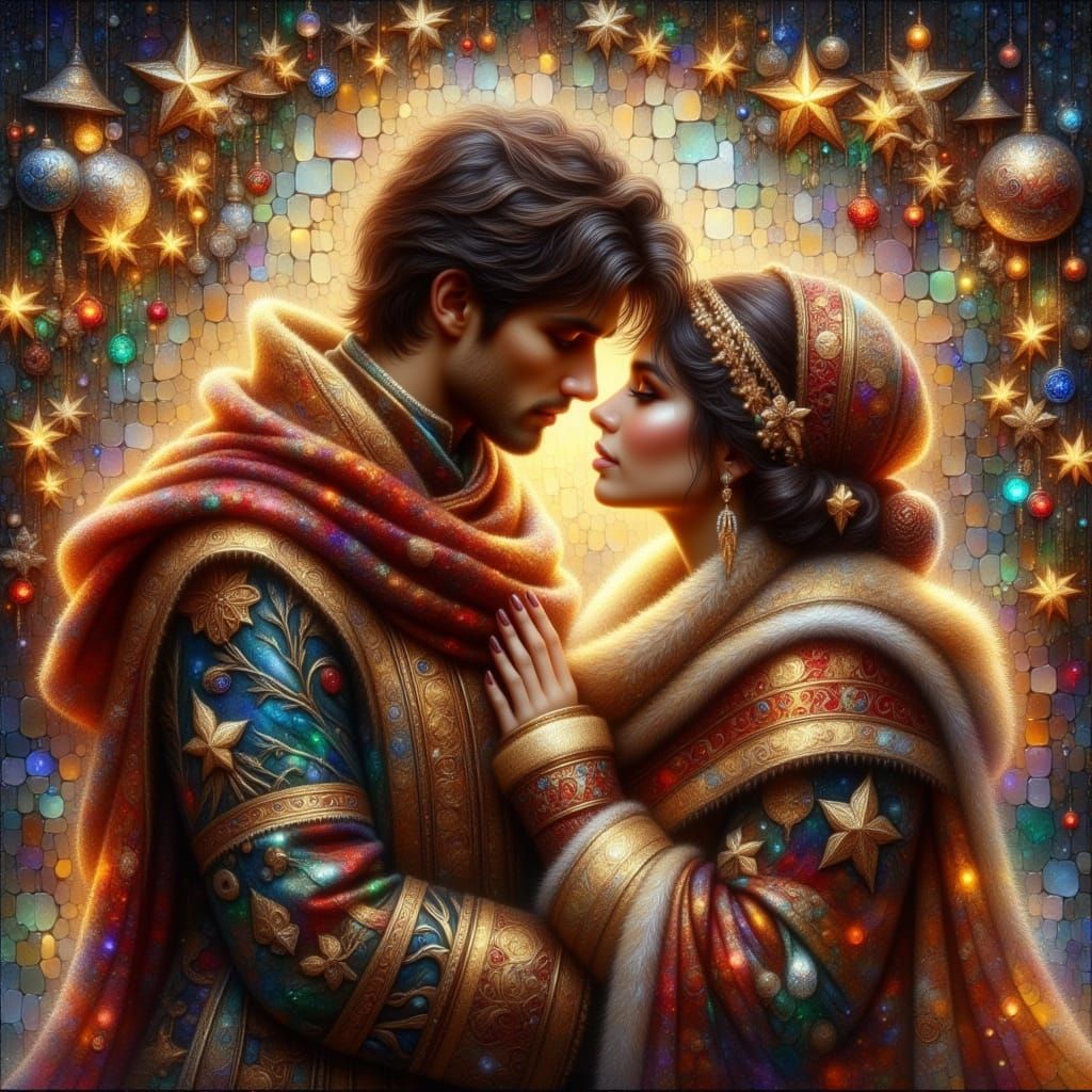Couple Cuddling Under Christmas Lights in Oil Painting Style