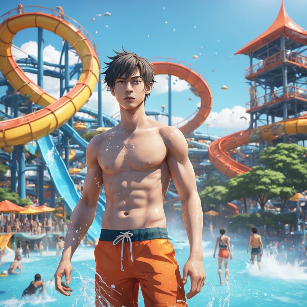 Vibrant Water Park Scene in Anime-Inspired 3D Style