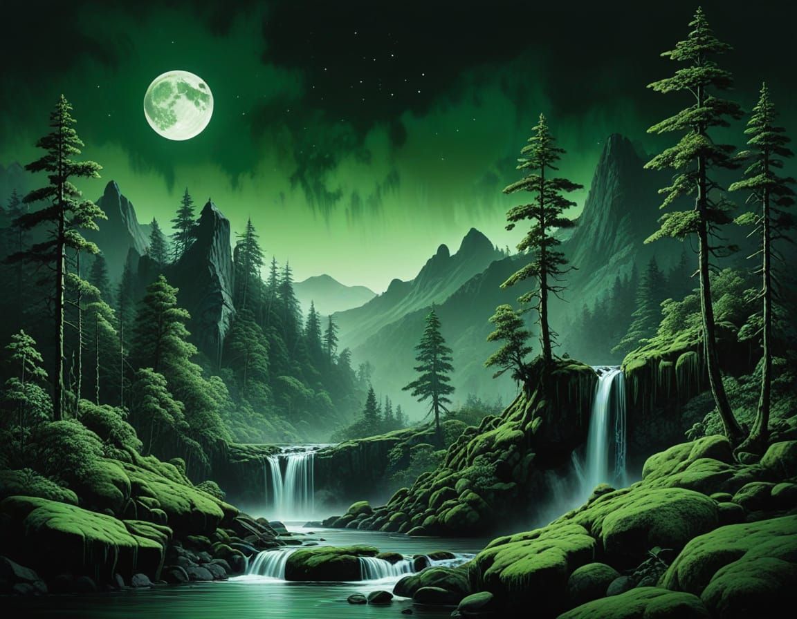 Green Moonrise Over Mossy Mountain Waterfall