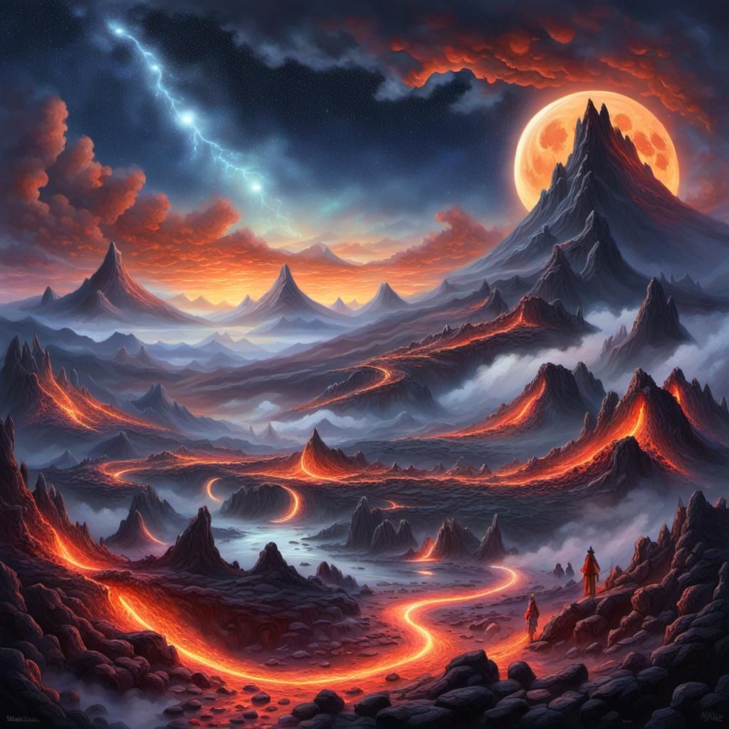 Mystical Elves Observe Volcanic Landscape
