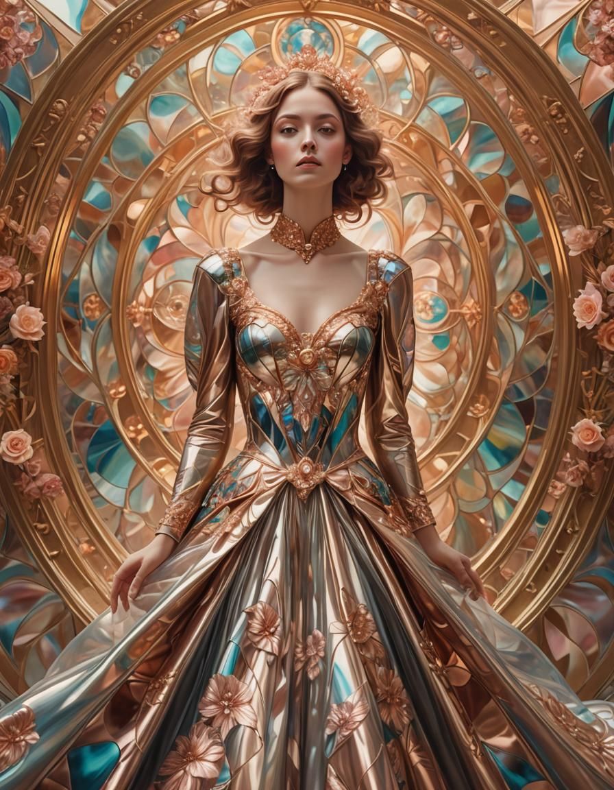 Woman in Rose Gold Blown-Glass Gown, Art Nouveau Style